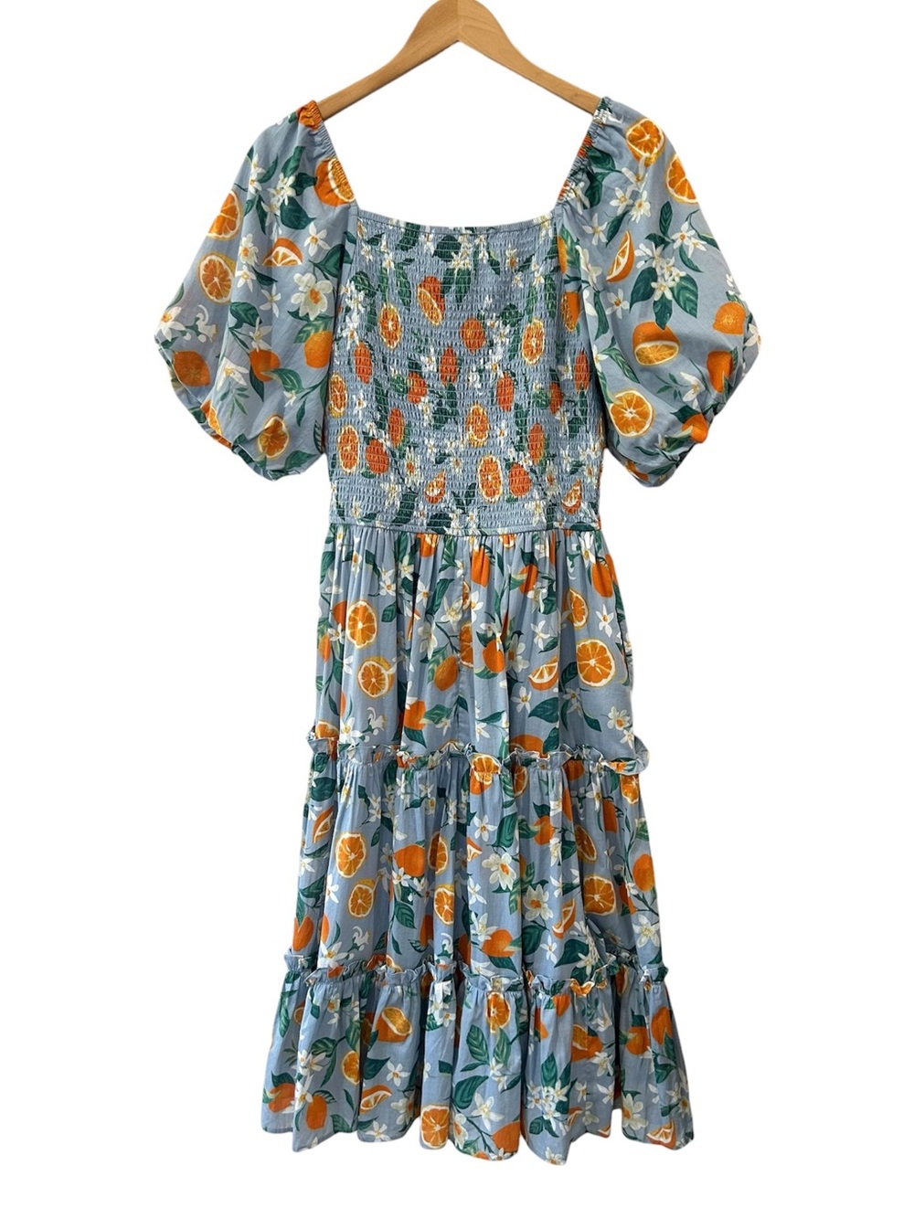 Jessakae Clementine smocked midi Dress M blue citrus orange cotton tiered NWT - Picture 2 of 12